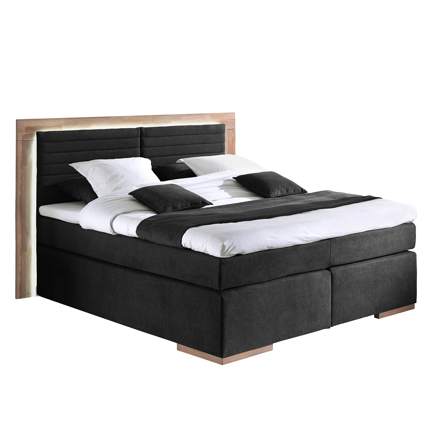 Naturoo Lit boxspring Marcel II - Tissu effet velours - Partiellement en chêne massif - Noir - 200 x 200cm - Matelas double D2/D3 1 Naturoo Lit boxspring Marcel II - Tissu effet velours - Partiellement en chêne massif - Noir - 200 x 200cm - Matelas double D2/D3