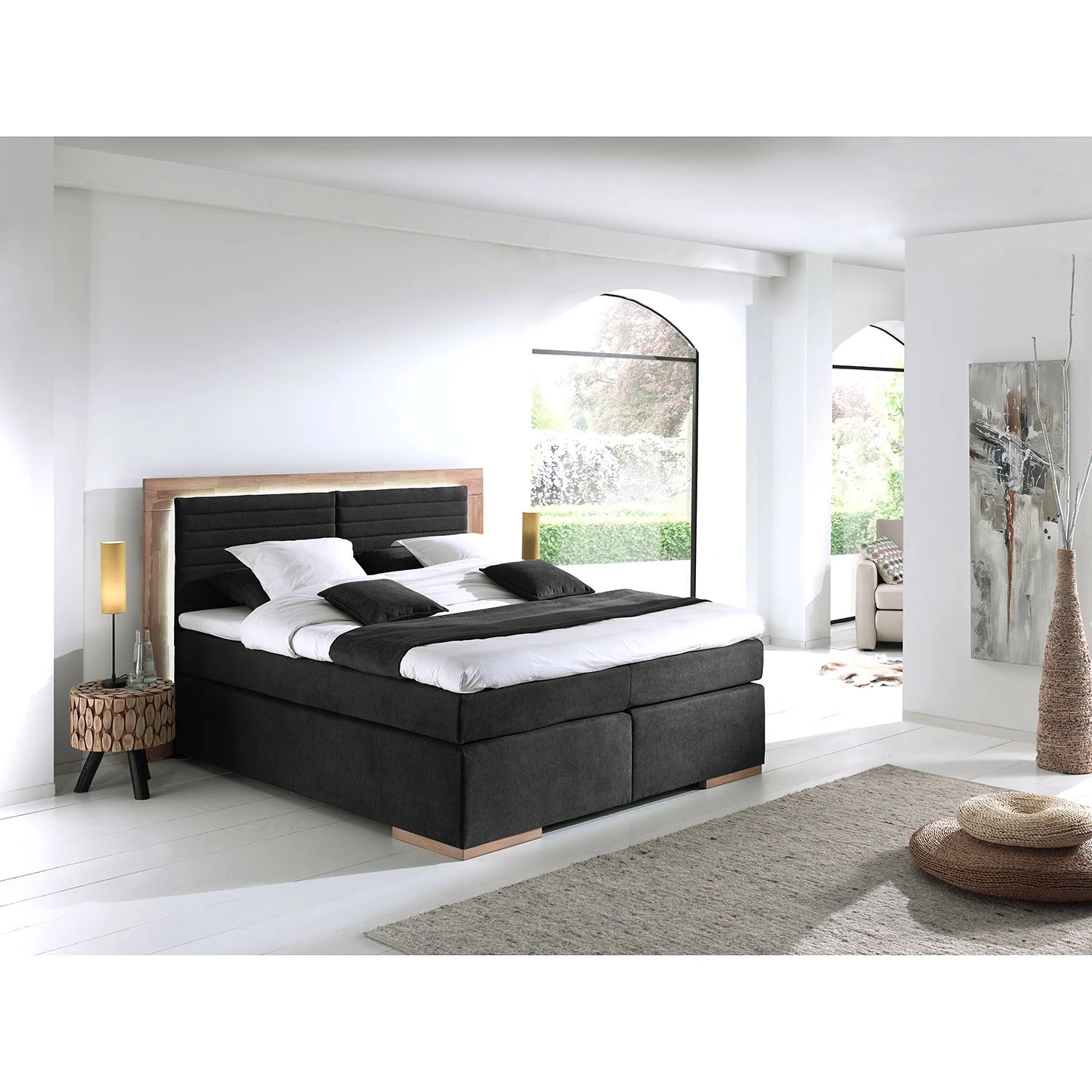 Naturoo Lit boxspring Marcel II - Tissu effet velours - Partiellement en chêne massif - Noir - 200 x 200cm - Matelas double D2/D3 2 Naturoo Lit boxspring Marcel II - Tissu effet velours - Partiellement en chêne massif - Noir - 200 x 200cm - Matelas double D2/D3 – Image 2