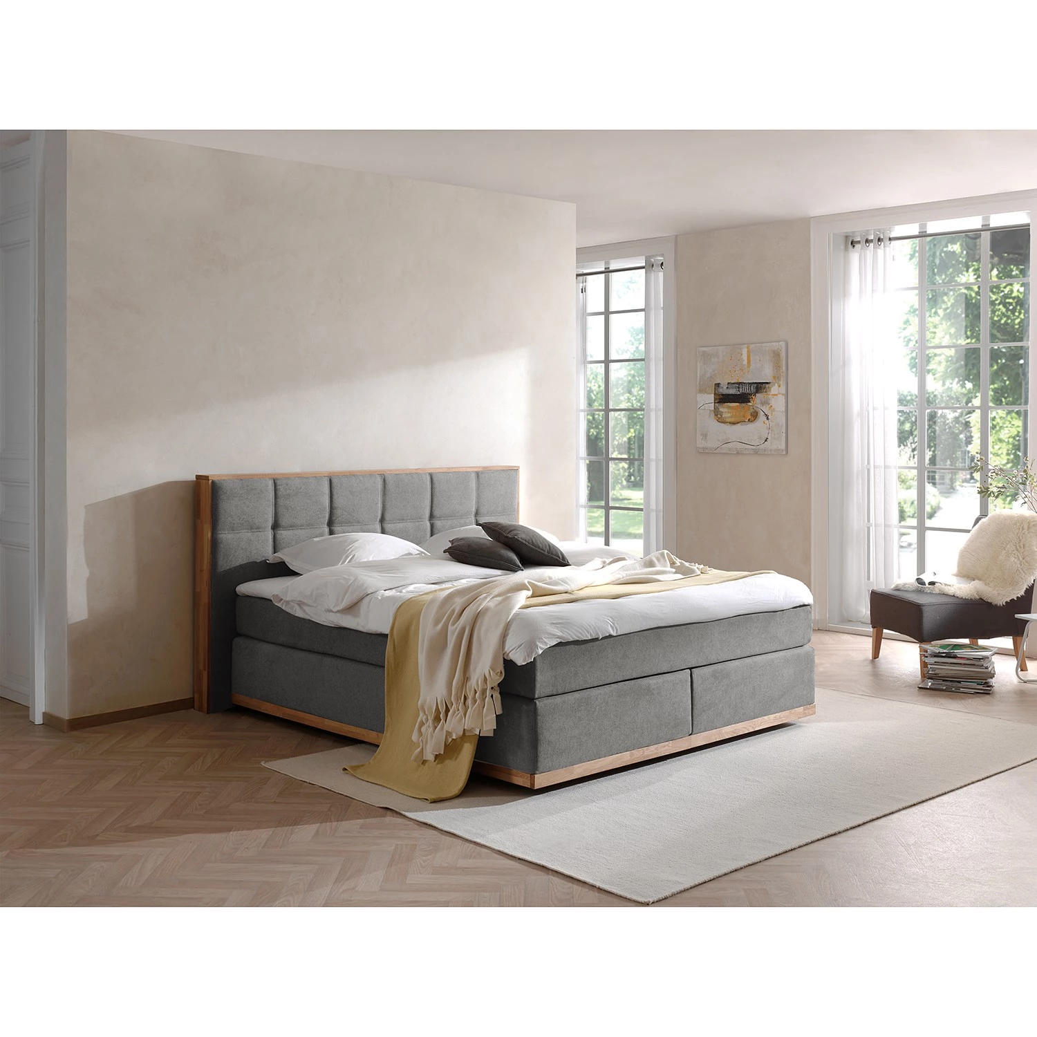 Naturoo Lit boxspring Levana - Tissu / Partiellement en hêtre massif - Gris foncé - 200 x 200cm - Matelas double D2/D4 2 Naturoo Lit boxspring Levana - Tissu / Partiellement en hêtre massif - Gris foncé - 200 x 200cm - Matelas double D2/D4 – Image 2