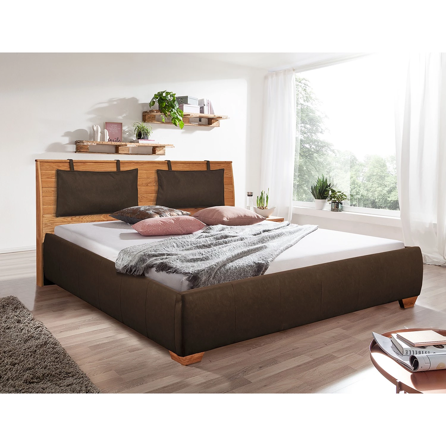 Loftscape Lit capitonné Palu - Marron / Chêne - 160 x 200cm 2 Loftscape Lit capitonné Palu - Marron / Chêne - 160 x 200cm – Image 2