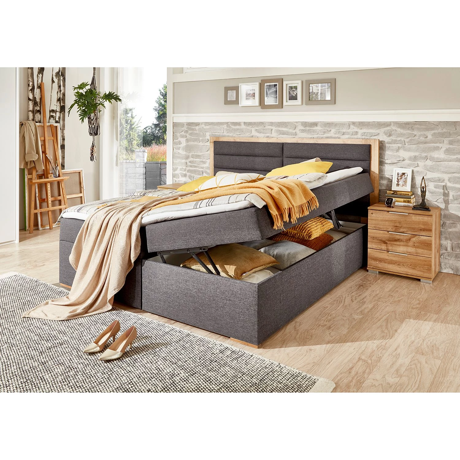 Wimex Lit capitonné Orlando - Avec surmatelas et coffres de lit - Anthracite / Imitation planches de chêne 3 Wimex Lit capitonné Orlando - Avec surmatelas et coffres de lit - Anthracite / Imitation planches de chêne – Image 3