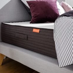 Lit SmoodSpring I - Tissu / Chêne massif - Bleu foncé - Gris clair - 140 x 200cm -Lits & literie Soldes smoodspring bett i webstoff eiche massiv 140 x 200cm hellgrau 5156844