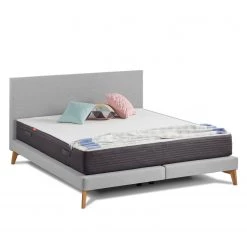 Lit SmoodSpring I - Tissu / Chêne massif - Bleu foncé - Gris clair - 140 x 200cm -Lits & literie Soldes smoodspring bett i webstoff eiche massiv 140 x 200cm hellgrau 5165036