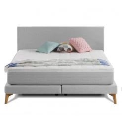 Lit SmoodSpring I - Tissu / Chêne massif - Bleu foncé - Gris clair - 140 x 200cm -Lits & literie Soldes smoodspring bett i webstoff eiche massiv 140 x 200cm hellgrau 5165060